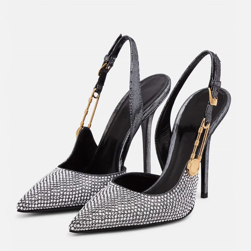 Elegant Rhinestone Pointed Toe Slingback Heels